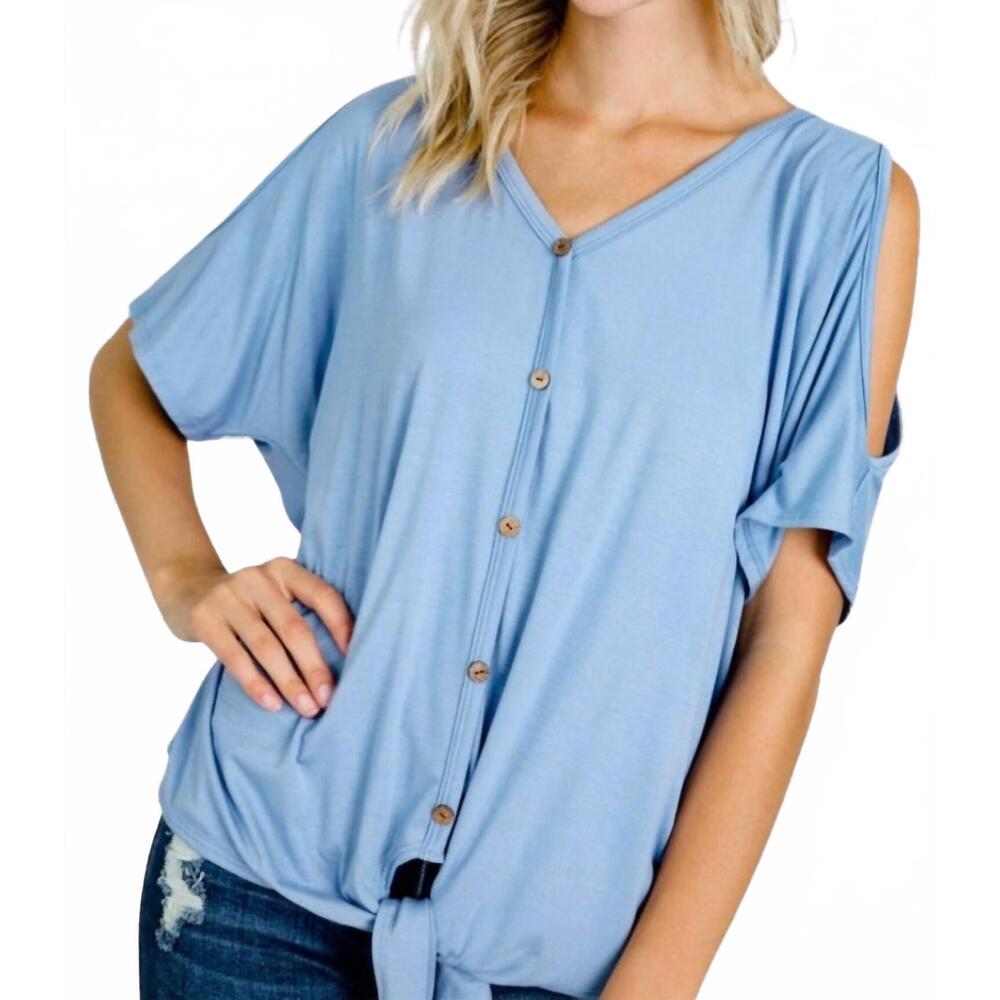 NEW DIVA USA demetria cold shoulder button down tie top in indigo blue